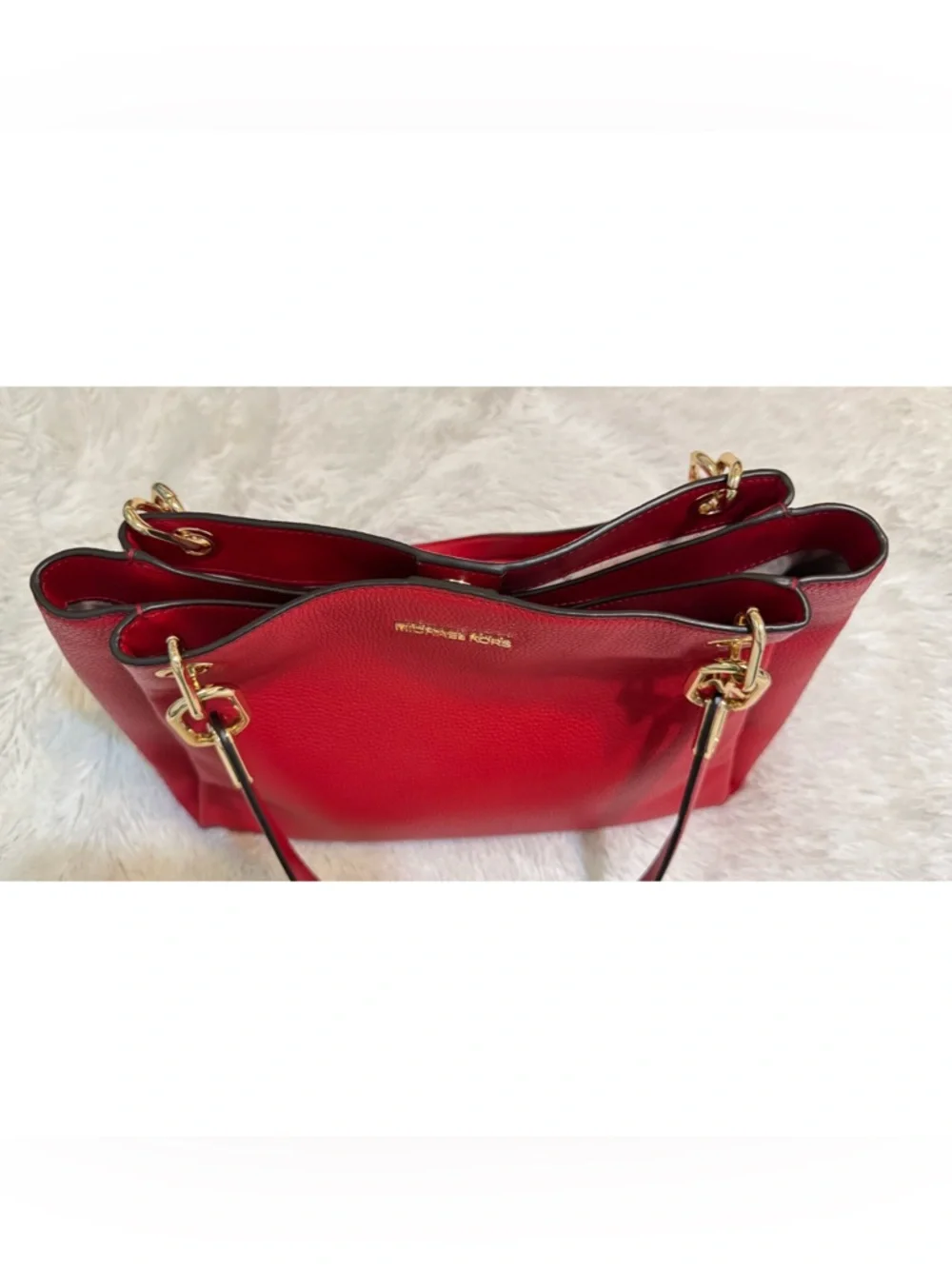 Michael Kors Red Pebble Leather Shoulder Tote with Gold Hardware